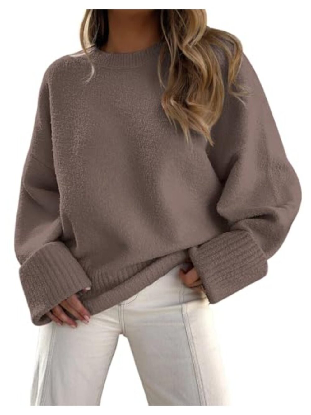 Women Oversized Fuzzy Knit Sweater Pullover Crew Neck Long Sleeve Warm Cozy